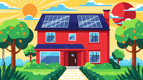 Eco-Friendly Home with Solar Panels Vector Illustration in a Bright Sunny Landscape, Depicting Sustainable Living and Renewable Energy