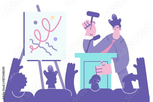 Male auctioneer sell picture at art auction in gallery