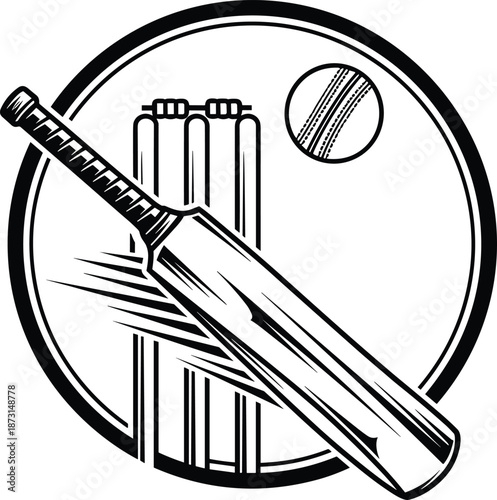 Cricket sport icon, bat and ball, stumps, wicket symbol, black and white vector, logo style, flat design illustration