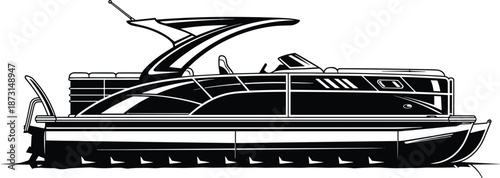 Pontoon boat line drawing, recreational watercraft sketch, canopy and seating design, leisure marine concept - flat vector illustration