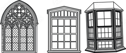 Architectural window design set, Gothic, classical, and bay styles, structural and decorative concept - flat vector illustration