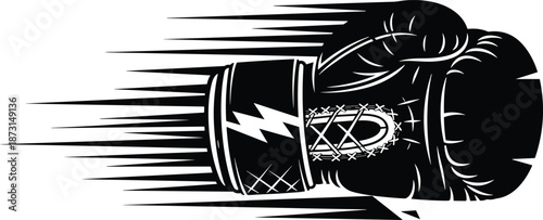 Boxing glove punch icon, lightning bolt, motion lines, sports impact symbol, black and white vector, flat design illustration