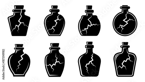 Collection of broken potion bottles with cracks and cork stoppers.