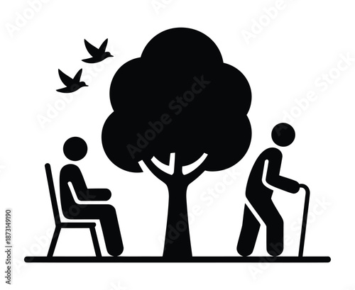 Elderly man leaning on cane beside tree in vector silhouette illustration