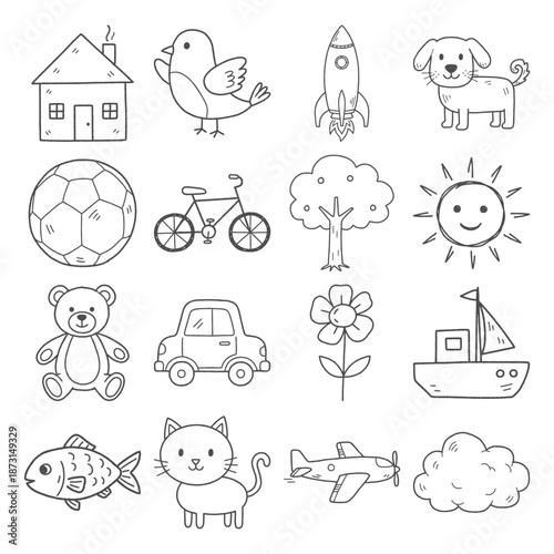 Hand drawn doodle icons set for kids, cute line art elements with animals, transport and nature, coloring book style