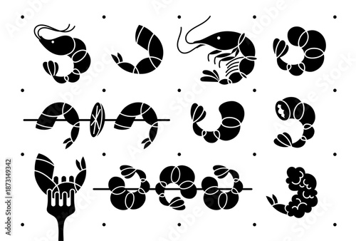 Monochrome prawn shrimp icon set. Black seafood silhouette design. Meat and delicacy logo. Cooking shrimp shapes for modern branding trend. 