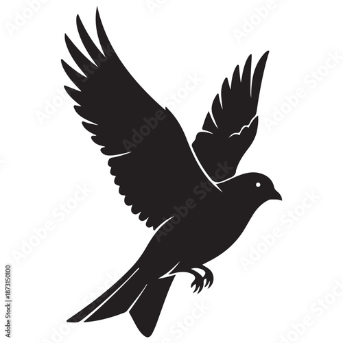 Black Silhouette of a Flying Bird with Spread Wings on White Background