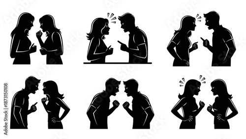 Silhouettes of couples arguing and fighting in various poses.