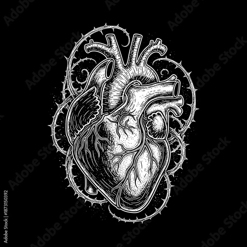 Detailed Anatomical Heart Illustration Surrounded by Thorns.