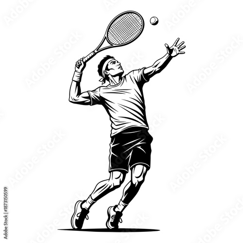 Tennis Player Serving Ball in Dynamic Action Pose.