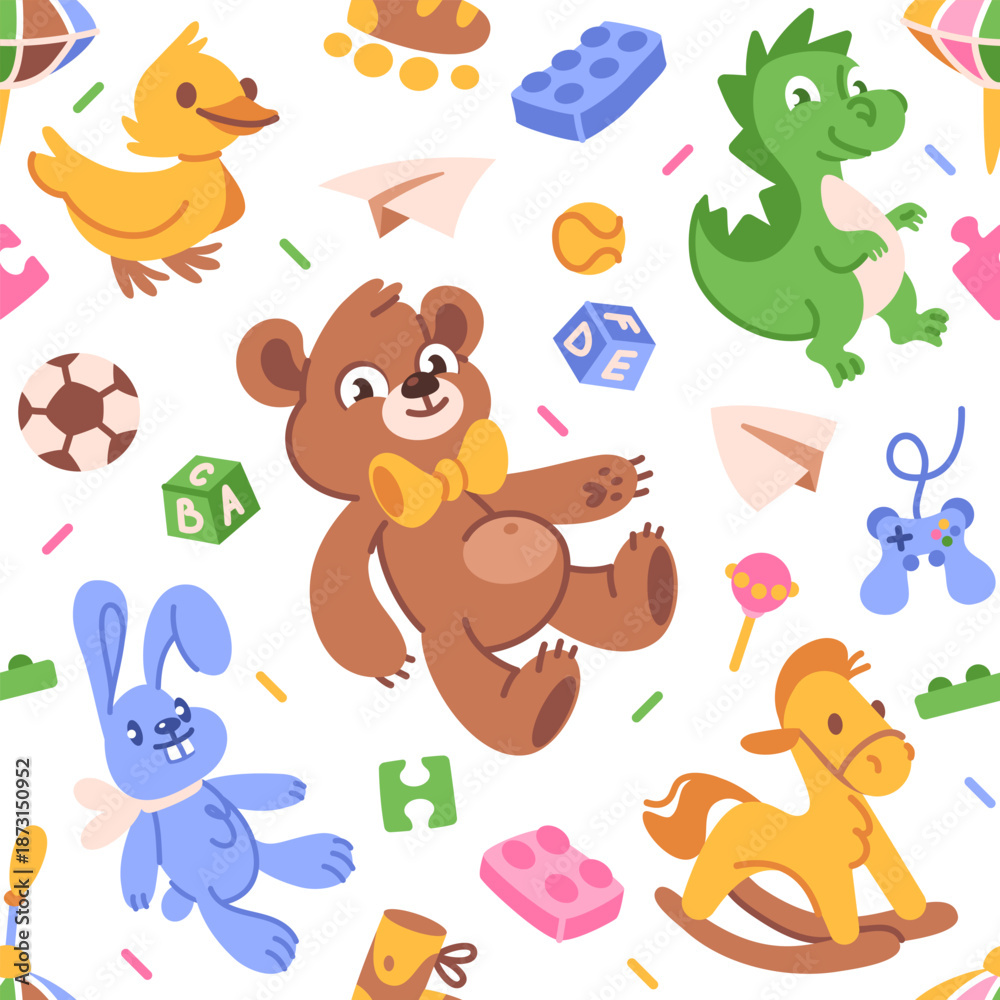 Fototapeta premium Kids toys cute seamless pattern. Background baby toy elements. Colorful games for children’s. Plush bear, bunny, dragon, duck. Flat cartoon pattern.