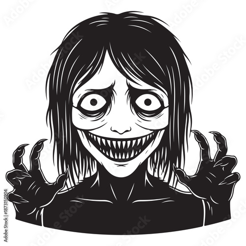 Sinister Creature Illustration with Wide Eyes and Sharp-Toothed Smile