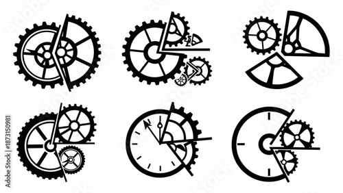 Collection of six abstract gear and clock designs representing time and mechanics.