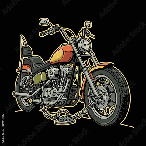 Classic Chopper Motorcycle Secured with a Heavy Chain.