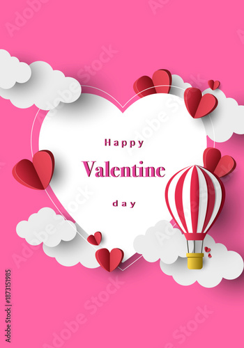 Valentine's Day paper art background collection. 3D paper cut style illustration with romantic hearts and hot air balloons on pastel sky