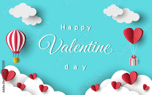 Valentine's Day paper art background collection. 3D paper cut style illustration with romantic hearts and hot air balloons on pastel sky