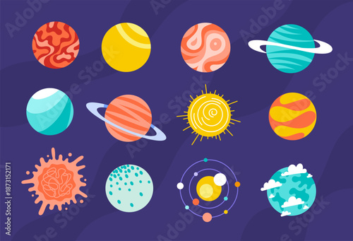Planets space minimalistic set. Solar system planets. Doodle galaxy cosmos set. Astronomy kids icons. Colorful Space spheres planets elements