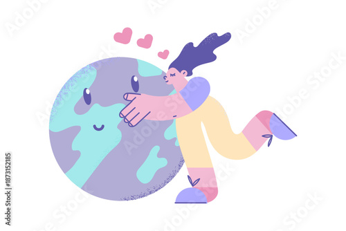 Woman hug kiss planet earth take care of environment