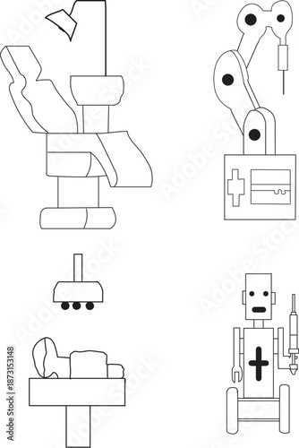 Advanced medical technology icons featuring robotic surgery arm, dental chair with lamp, medical robot assistant, and patient examination table. Healthcare innovation and dentistry line art vector.