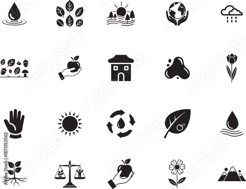 Fresh Nature and Ecology Silhouette icon collection. Includes Silhouette symbols plant, water, sun, organic, recycle and more. Isolated icons. Fresh Nature icon set. Minimalist icons pack.