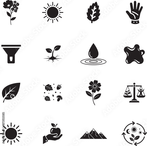 Fresh Nature and Ecology Silhouette icon collection. Includes Silhouette symbols plant, water, sun, organic, recycle and more. Isolated icons. Fresh Nature icon set. Minimalist icons pack.