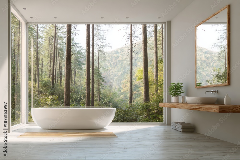 Fototapeta premium Contemporary bathroom features a freestanding tub positioned before a vast picture window showcasing a dense forest scene