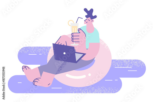 Happy man relax at sea working online on laptop