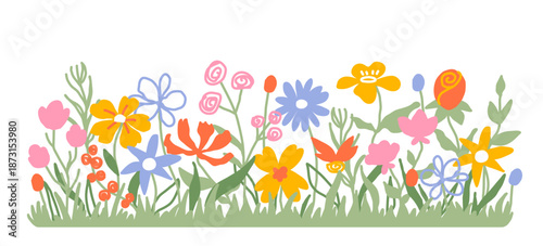 Horizontal flower border. Background botanical border colorful flowers and leaves. Wildflowers and garden plant poster and invitations frame. Simple spring floral banner.