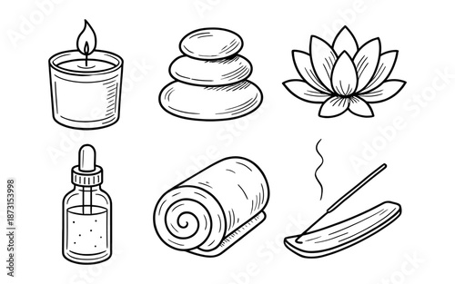 Hand-drawn spa and wellness icons including candle, stones, lotus, oil, towel, and incense
