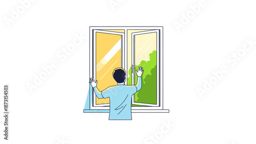 Man cleaning window with squeegee and cloth