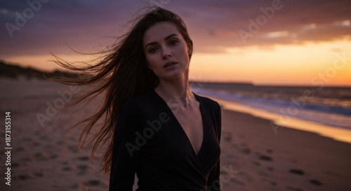 Woman stands beachside; sunset glow