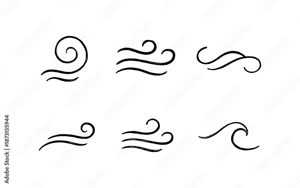 Obraz premium Collection of hand-drawn wind and wave icons in a simple black and white style