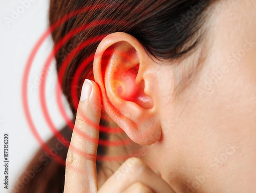 Earache pain Person touching ear with red sound waves indicating pain or ringing