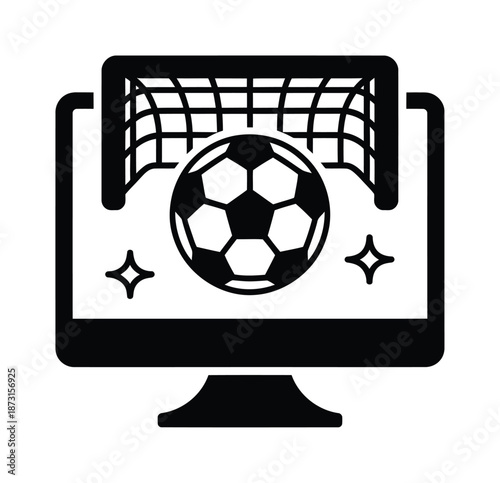 Vector image shows a soccer ball and goal net inside a computer screen.