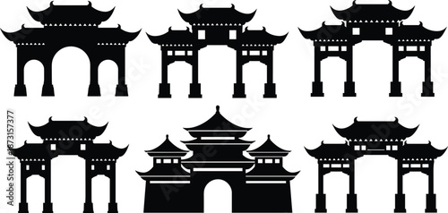 Chinese Gate Silhouette Vector Set, Traditional Asian Pagoda Architecture Icons, Oriental Paifang Landmark Graphics, Cultural Heritage Building Symbols for Design Projects,