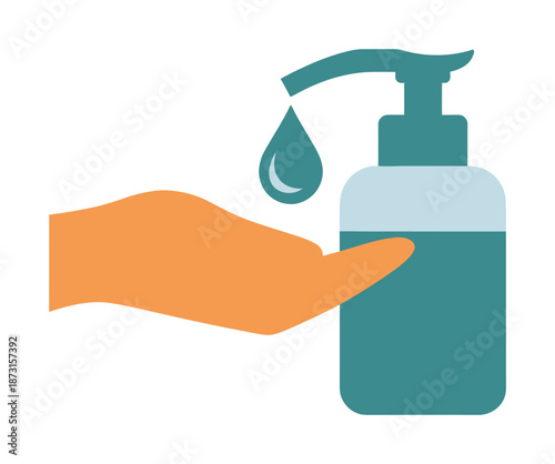 Vector illustration of hand using sanitizer dispenser with liquid drop