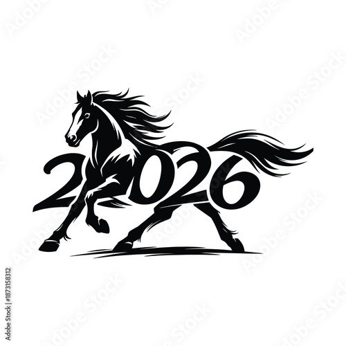 A black horse runs swiftly with flowing mane, symbolizing speed and freedom in a dynamic illustration for 2026