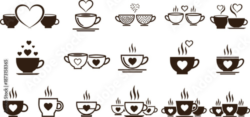 Coffee Cup Heart Icon Set, Valentines Day Cafe Logo Elements, Romantic Tea Mug Vector Illustration, Love Beverage Symbols Collection for Branding