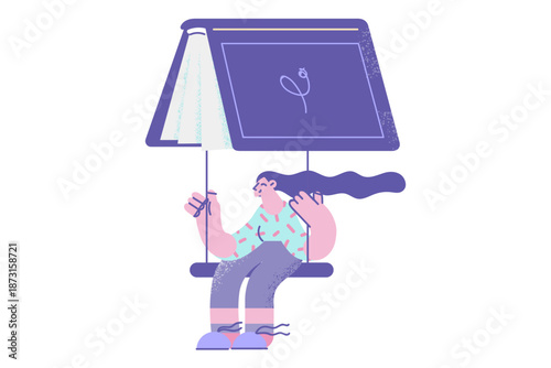 Happy girl reader fry on book as parachute