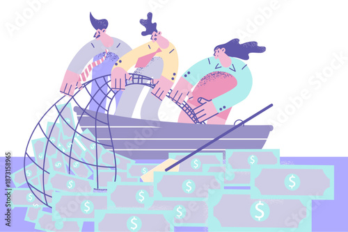 Businesspeople in boat fish for money with net