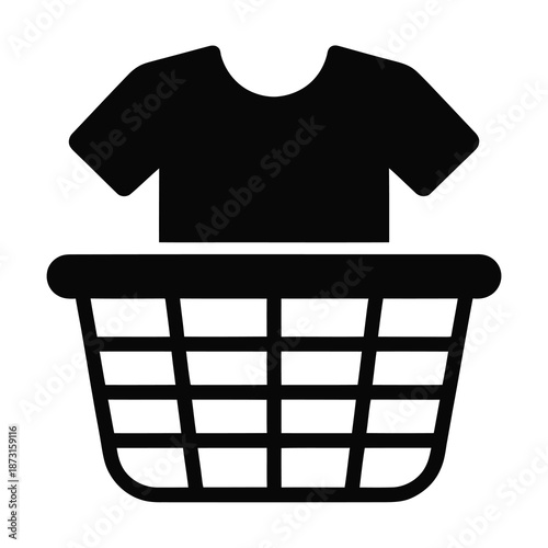 Black vector shirt placed inside laundry basket in minimalist style