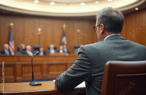 Man in suit speaks at courtroom hearing. Attorney provides expert testimony. Judge jury members. Justice concept. Legal system proceedings. Professional legal advice.