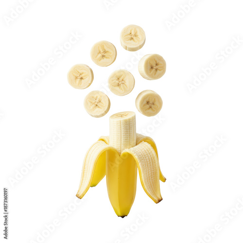 Peeled Banana with Slices Falling Down Isolated on White Background