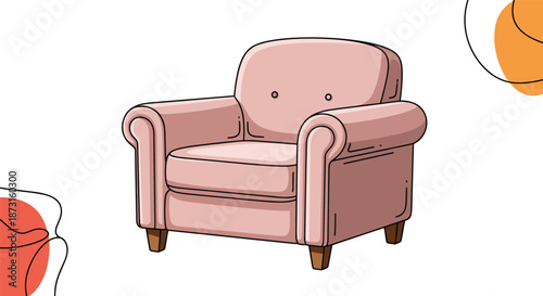 A comfortable and plush pink armchair with rolled arms illustrated in a cute and cozy cartoon style on a white background.