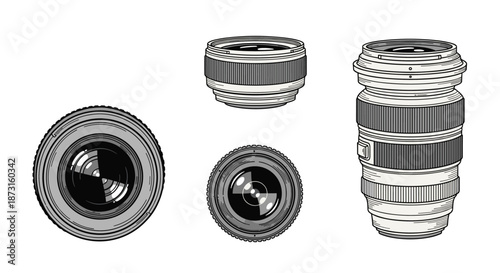 A set of professional camera lenses from different angles illustrated in a detailed black and white vintage engraving style.