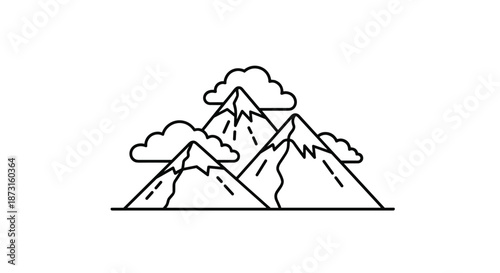 A simple and minimalist black and white line art icon of a mountain range with snowy peaks and fluffy clouds above.