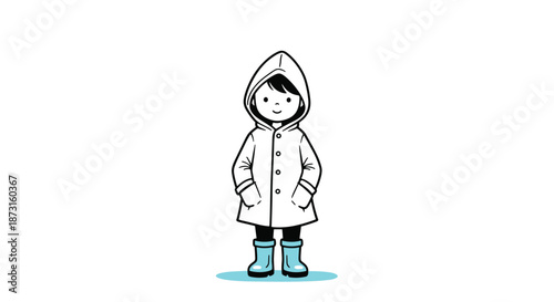 A cute child with black hair wearing a white raincoat and blue boots standing with hands in pockets on a rainy day.