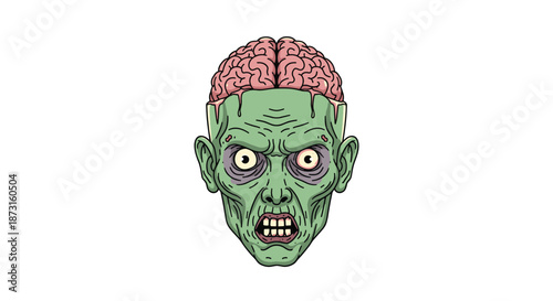 Gruesome green zombie head with a bloody exposed brain and angry eyes illustrated in a detailed pixel art cartoon style.