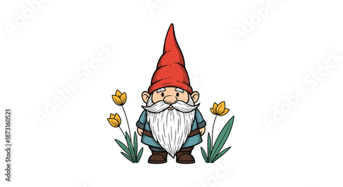 Cute garden gnome with a long white beard and a red pointy hat standing among yellow flowers in a charming illustration.