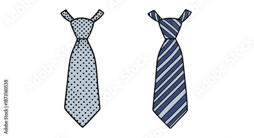 Two knotted neckties in a hand-drawn cartoon style featuring blue polka dot and diagonal stripe patterns for men's fashion.